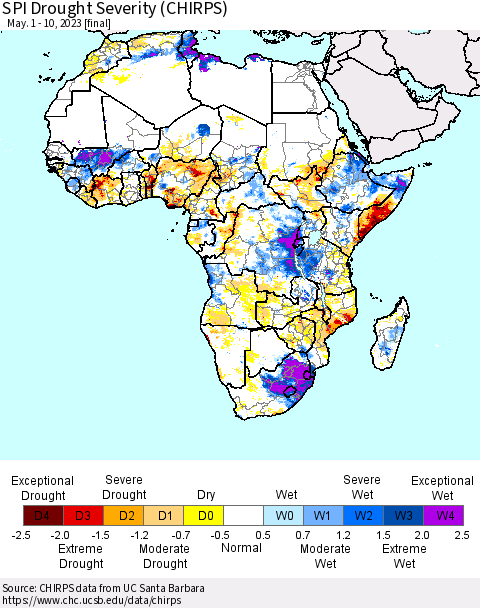 Africa SPI Drought Severity (CHIRPS) Thematic Map For 5/1/2023 - 5/10/2023