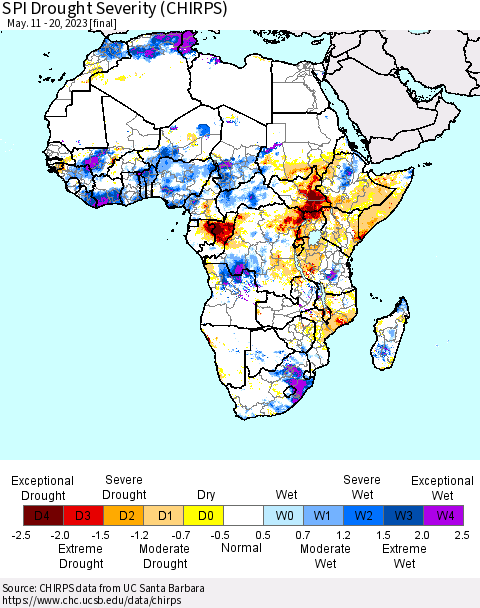 Africa SPI Drought Severity (CHIRPS) Thematic Map For 5/11/2023 - 5/20/2023