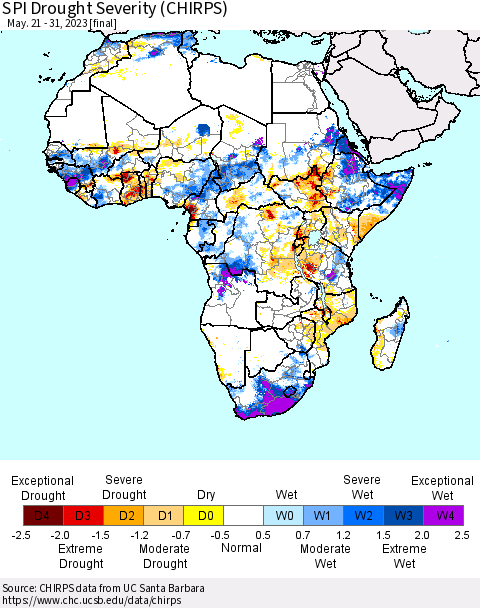 Africa SPI Drought Severity (CHIRPS) Thematic Map For 5/21/2023 - 5/31/2023