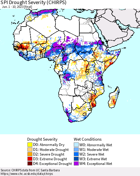Africa SPI Drought Severity (CHIRPS) Thematic Map For 6/1/2023 - 6/10/2023