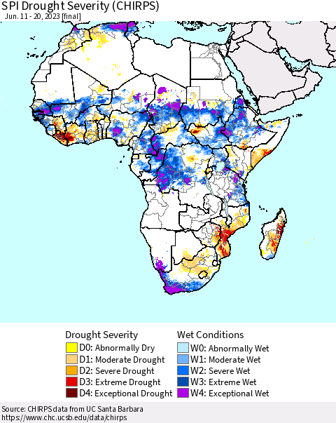 Africa SPI Drought Severity (CHIRPS) Thematic Map For 6/11/2023 - 6/20/2023