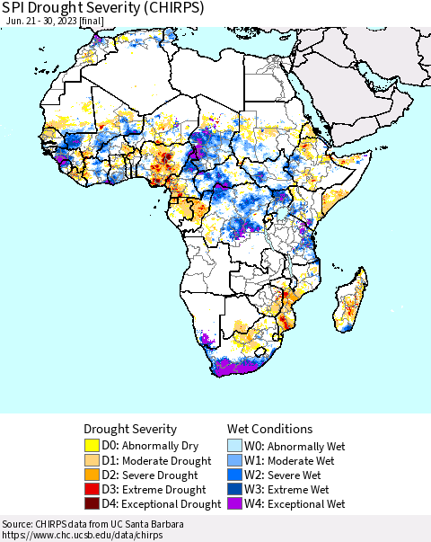 Africa SPI Drought Severity (CHIRPS) Thematic Map For 6/21/2023 - 6/30/2023