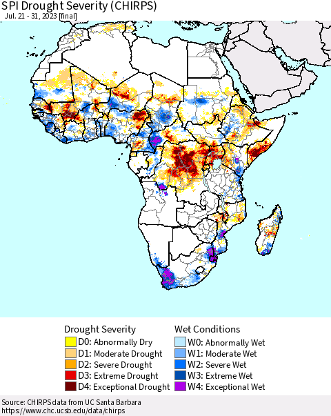 Africa SPI Drought Severity (CHIRPS) Thematic Map For 7/21/2023 - 7/31/2023
