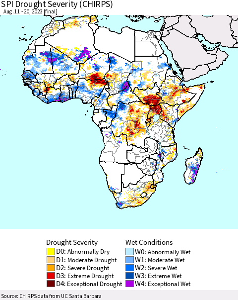 Africa SPI Drought Severity (CHIRPS) Thematic Map For 8/11/2023 - 8/20/2023