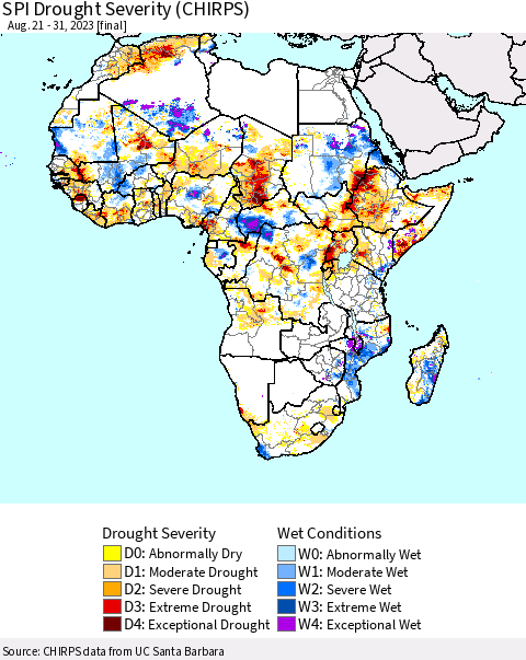 Africa SPI Drought Severity (CHIRPS) Thematic Map For 8/21/2023 - 8/31/2023