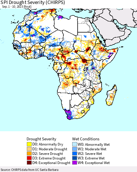 Africa SPI Drought Severity (CHIRPS) Thematic Map For 9/1/2023 - 9/10/2023