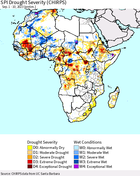 Africa SPI Drought Severity (CHIRPS) Thematic Map For 9/1/2023 - 9/10/2023