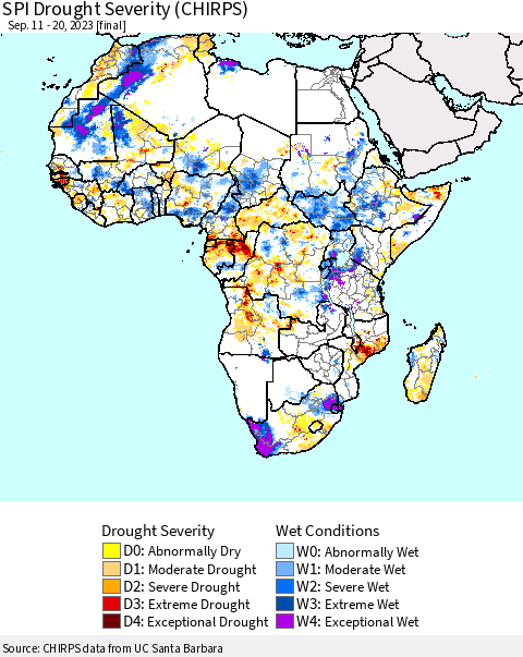 Africa SPI Drought Severity (CHIRPS) Thematic Map For 9/11/2023 - 9/20/2023