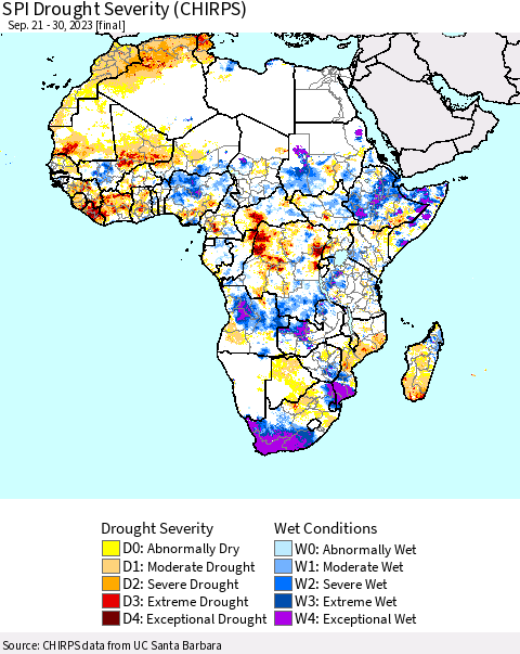 Africa SPI Drought Severity (CHIRPS) Thematic Map For 9/21/2023 - 9/30/2023