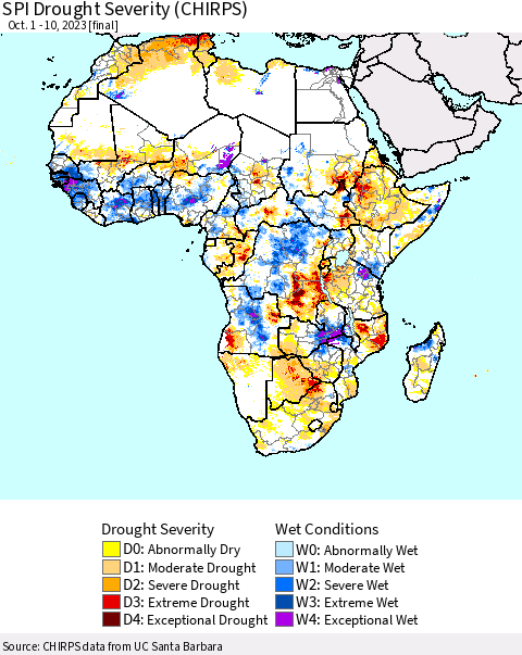 Africa SPI Drought Severity (CHIRPS) Thematic Map For 10/1/2023 - 10/10/2023