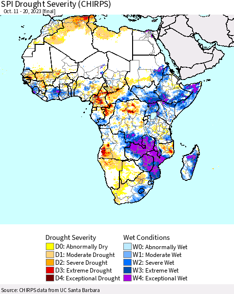 Africa SPI Drought Severity (CHIRPS) Thematic Map For 10/11/2023 - 10/20/2023