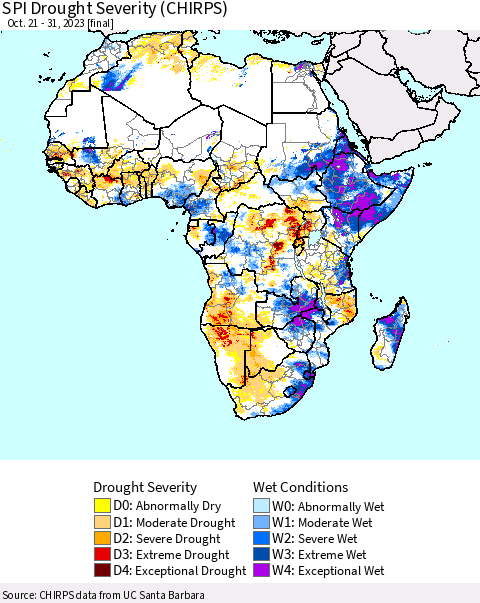 Africa SPI Drought Severity (CHIRPS) Thematic Map For 10/21/2023 - 10/31/2023
