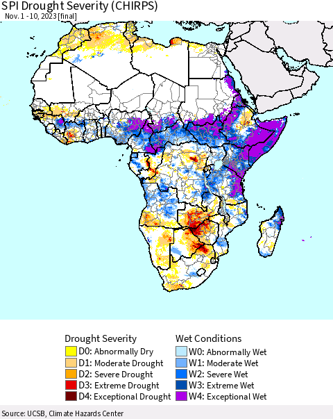 Africa SPI Drought Severity (CHIRPS) Thematic Map For 11/1/2023 - 11/10/2023