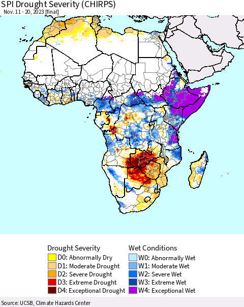 Africa SPI Drought Severity (CHIRPS) Thematic Map For 11/11/2023 - 11/20/2023
