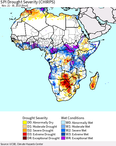 Africa SPI Drought Severity (CHIRPS) Thematic Map For 11/21/2023 - 11/30/2023