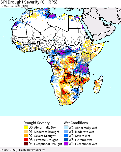 Africa SPI Drought Severity (CHIRPS) Thematic Map For 12/1/2023 - 12/10/2023
