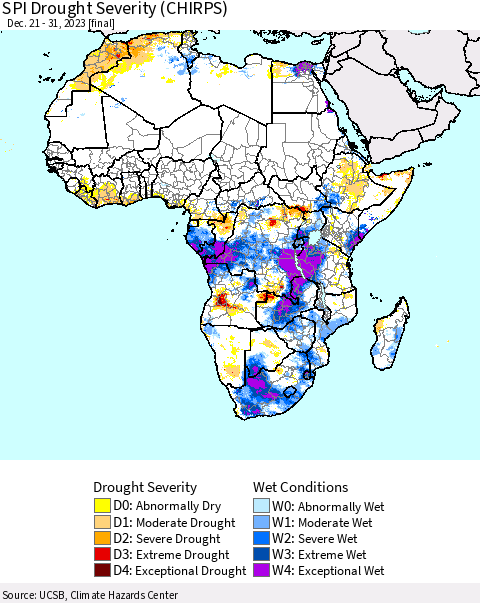 Africa SPI Drought Severity (CHIRPS) Thematic Map For 12/21/2023 - 12/31/2023