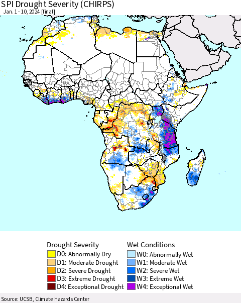 Africa SPI Drought Severity (CHIRPS) Thematic Map For 1/1/2024 - 1/10/2024