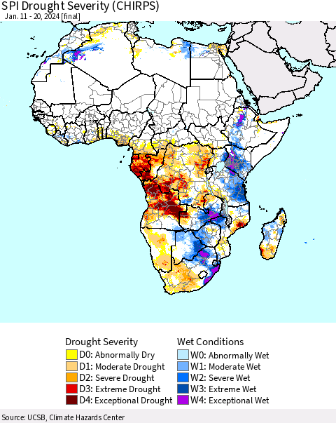 Africa SPI Drought Severity (CHIRPS) Thematic Map For 1/11/2024 - 1/20/2024