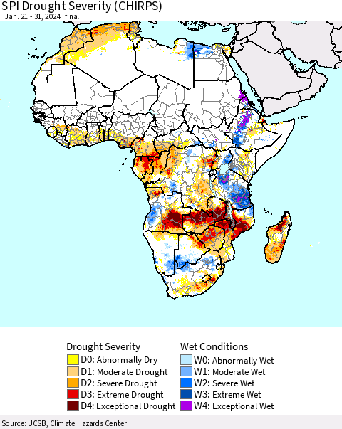 Africa SPI Drought Severity (CHIRPS) Thematic Map For 1/21/2024 - 1/31/2024