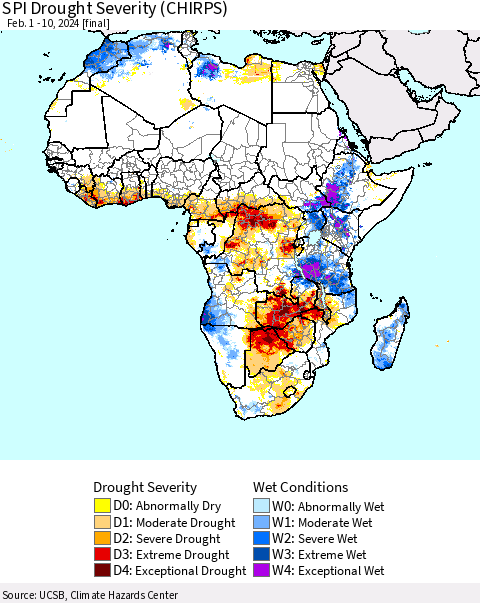 Africa SPI Drought Severity (CHIRPS) Thematic Map For 2/1/2024 - 2/10/2024