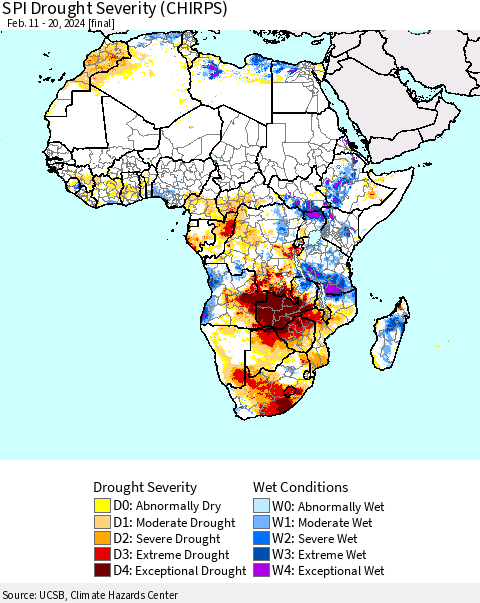 Africa SPI Drought Severity (CHIRPS) Thematic Map For 2/11/2024 - 2/20/2024