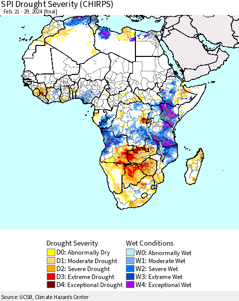 Africa SPI Drought Severity (CHIRPS) Thematic Map For 2/21/2024 - 2/29/2024