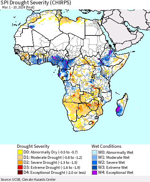 Africa SPI Drought Severity (CHIRPS) Thematic Map For 3/1/2024 - 3/10/2024