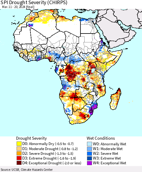 Africa SPI Drought Severity (CHIRPS) Thematic Map For 3/11/2024 - 3/20/2024