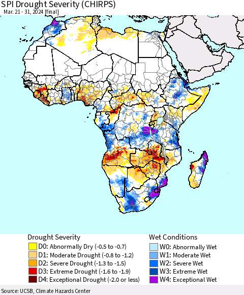 Africa SPI Drought Severity (CHIRPS) Thematic Map For 3/21/2024 - 3/31/2024