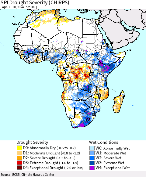 Africa SPI Drought Severity (CHIRPS) Thematic Map For 4/1/2024 - 4/10/2024