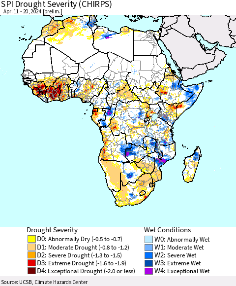Africa SPI Drought Severity (CHIRPS) Thematic Map For 4/11/2024 - 4/20/2024