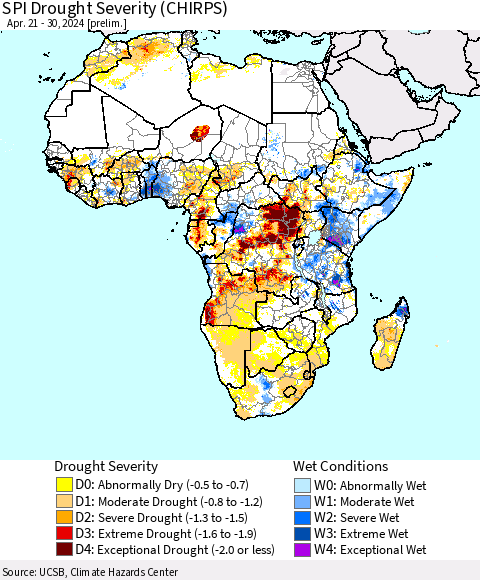 Africa SPI Drought Severity (CHIRPS) Thematic Map For 4/21/2024 - 4/30/2024