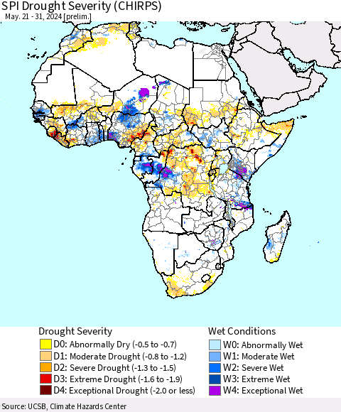 Africa SPI Drought Severity (CHIRPS) Thematic Map For 5/21/2024 - 5/31/2024