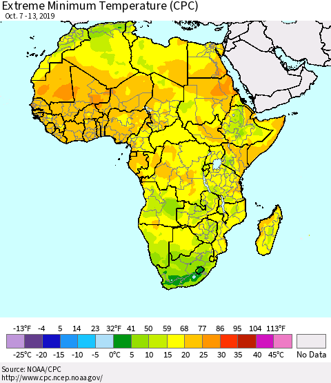 Africa Minimum Daily Temperature (CPC) Thematic Map For 10/7/2019 - 10/13/2019