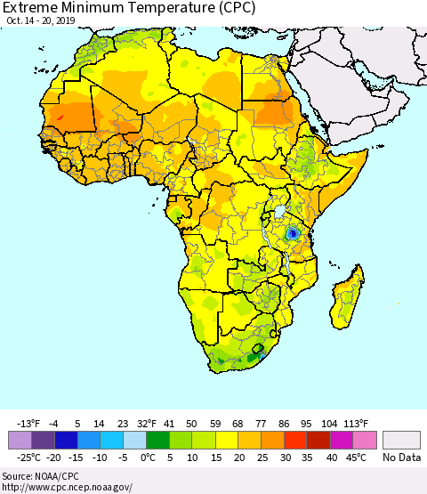 Africa Minimum Daily Temperature (CPC) Thematic Map For 10/14/2019 - 10/20/2019