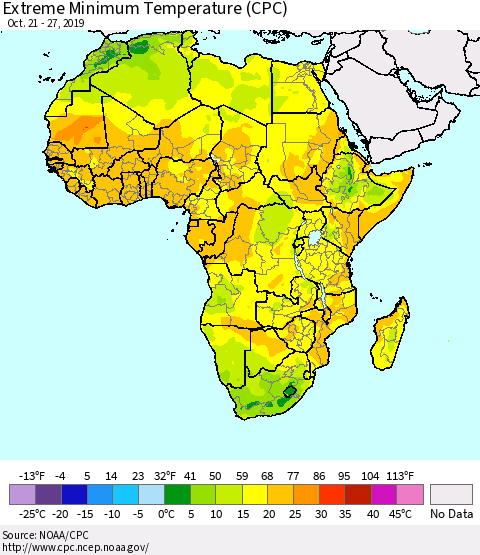 Africa Minimum Daily Temperature (CPC) Thematic Map For 10/21/2019 - 10/27/2019