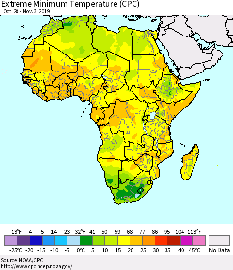 Africa Minimum Daily Temperature (CPC) Thematic Map For 10/28/2019 - 11/3/2019