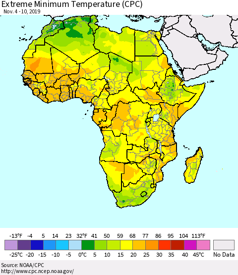 Africa Minimum Daily Temperature (CPC) Thematic Map For 11/4/2019 - 11/10/2019