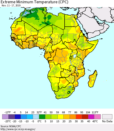 Africa Minimum Daily Temperature (CPC) Thematic Map For 11/11/2019 - 11/17/2019