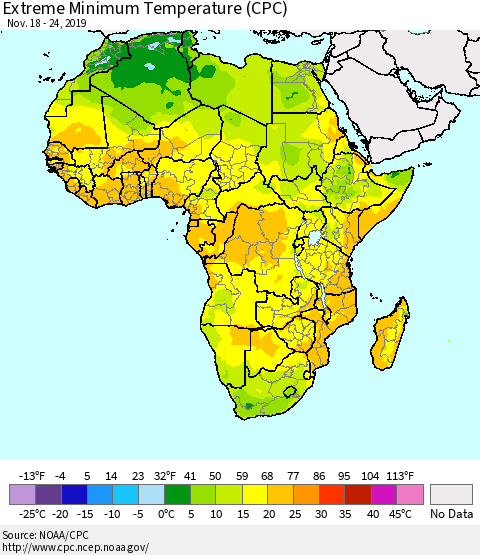 Africa Minimum Daily Temperature (CPC) Thematic Map For 11/18/2019 - 11/24/2019