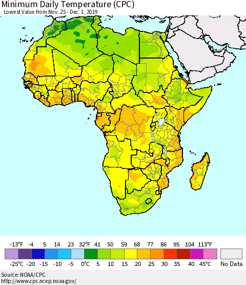 Africa Minimum Daily Temperature (CPC) Thematic Map For 11/25/2019 - 12/1/2019