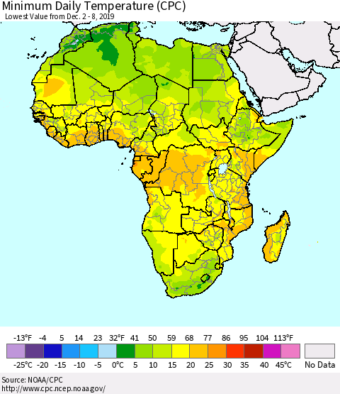 Africa Minimum Daily Temperature (CPC) Thematic Map For 12/2/2019 - 12/8/2019