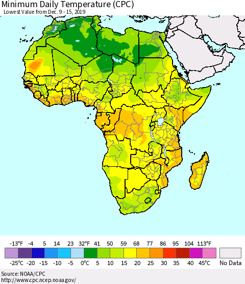 Africa Minimum Daily Temperature (CPC) Thematic Map For 12/9/2019 - 12/15/2019