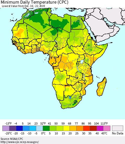 Africa Minimum Daily Temperature (CPC) Thematic Map For 12/16/2019 - 12/22/2019