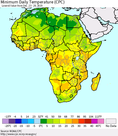 Africa Minimum Daily Temperature (CPC) Thematic Map For 12/23/2019 - 12/29/2019