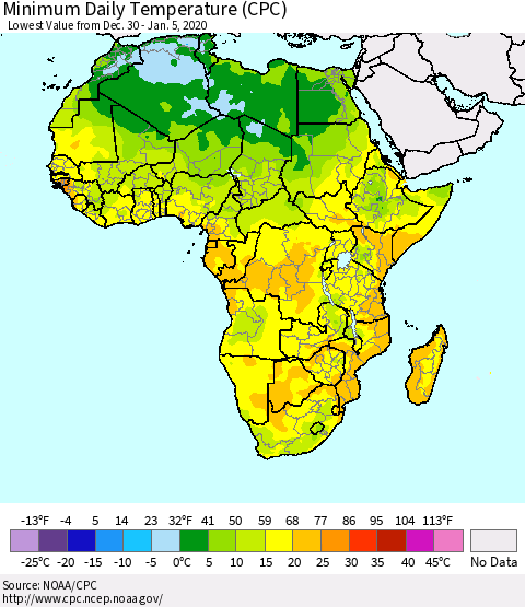 Africa Minimum Daily Temperature (CPC) Thematic Map For 12/30/2019 - 1/5/2020