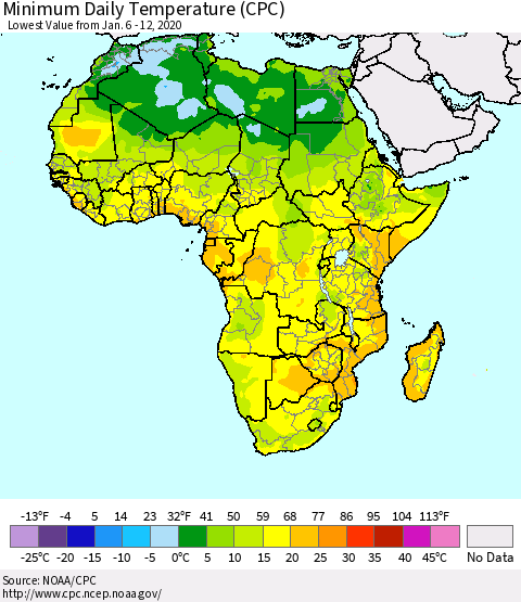 Africa Minimum Daily Temperature (CPC) Thematic Map For 1/6/2020 - 1/12/2020