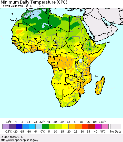 Africa Minimum Daily Temperature (CPC) Thematic Map For 1/13/2020 - 1/19/2020
