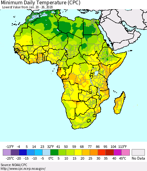 Africa Minimum Daily Temperature (CPC) Thematic Map For 1/20/2020 - 1/26/2020